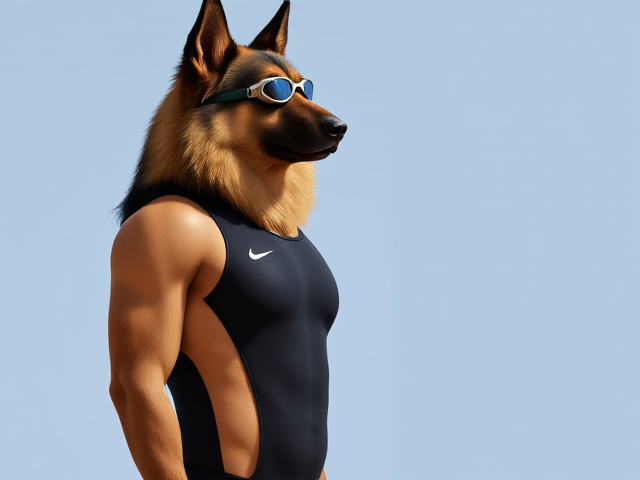 A tall and lean anthropomorphic long haired German shepherd with a long torso and broad shoulders wearing a high cut Nike one piece swimsuit and swimming goggles