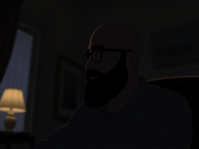A animated image in the style of telltale walking dead,  a silhouette of a young bald Muslim man with a bushy beard and wearing black-framed eyeglasses is seen sitting in a lit room surrounded by darkness.