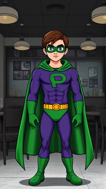 Dramatic Comic Book Cartoon scene: A young, Autistic 25-year old boy with light skin and flat, smooth, and slick brown hair with a singular curled bang in the shape of a P sticking out at the front named T.J. Granger, but transformed into a genetically-altered superhero named Powerman, who, despite still being a young adult kid, has an extremely muscular body. He wears a sleek purple bodysuit with a green P symbol on his chest, a golden belt with a circular buckle, green briefs, green boots, green long-cuffed gloves, a really big, toe-length long, ultra-wide green cape wreathed around his neck, and a green eye mask that protects his true identity. He also has incredible and invincible superpowers flowing through his veins. In this scene, Powerman is currently standing in a dark, abandoned restaurant at night by himself, intently awaiting the arrival of someone he knows.