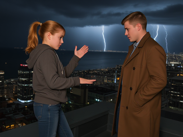 A petite 13-year-old girl with strawberry blonde hair in a ponytail, wearing a hooded pullover and jeans, is standing on the roof ledge of a night club. Next to her on the roof, standing nearby is a modern-day, pale skinned vampire in his late twenties, with blonde hair, dressed in a brown trench coat and jeans. He appears uneasy as he looks at her, holding his hands out and taking a step back. The girl gestures angrily at him with her hands, flailing her arms and with a scowl on her face. at him in frustration. A thunderstorm approaches the cityscape from the sea shore. Set at night. The girl has a cut in her forehead.