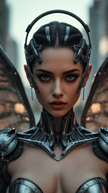 A cinematic bust shot portrait of a mechanical angel woman with intricate metallic features that glisten with a haunting beauty. Her wings, partially damaged, loom behind her, casting shadows on her face. The atmosphere is charged with the aftermath of battle, with a blurred background hinting at chaos. Soft, ethereal lighting highlights the anguish and strength inherent in her visage.