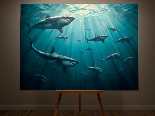 Inside the ocean with sharks, painting, on a stand with good lighting