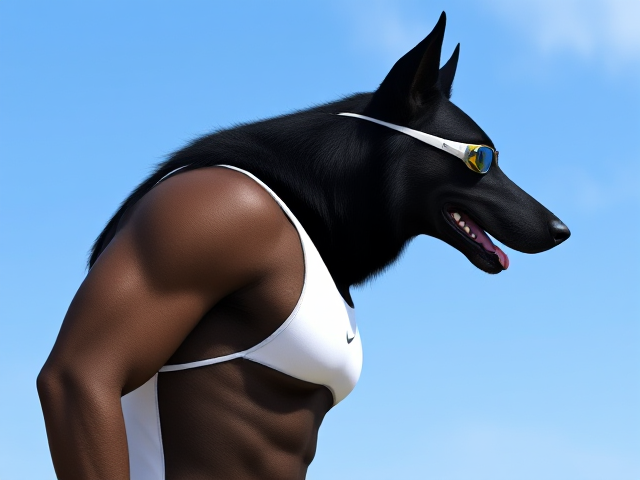 A tall and lean anthropomorphic black German shepherd with a long torso and broad shoulders wearing a white high cut Nike one piece swimsuit and swimming goggles