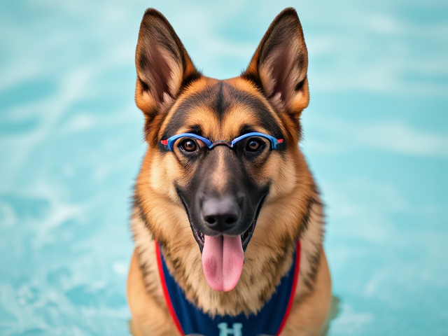 A Anthropomorphic German shepherd wearing a sports swimsuit and swimming goggles