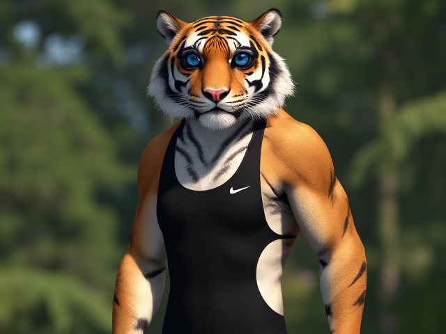 A tall anthropomorphic tiger with a long torso, wearing a high cut Nike one piece swimsuit and swimming goggles