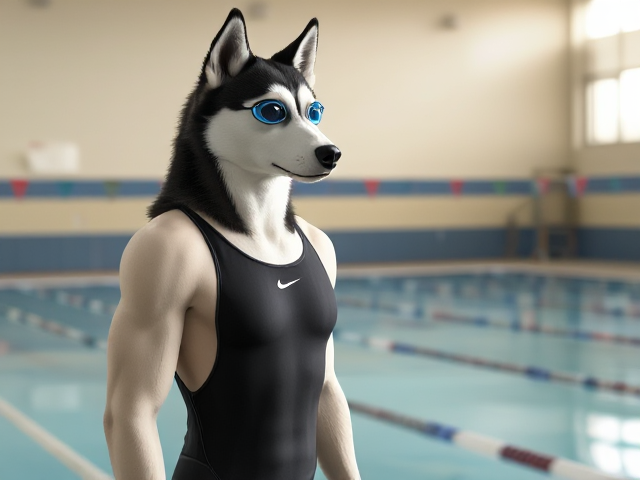 A tall anthropomorphic Siberian husky with a long torso and broad shoulders wearing a high cut Nike one piece swimsuit and swimming goggles at a high school swimming pool