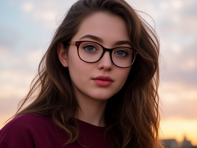 Pale petite teen girl, teal eyes, long curly brown hair, freckles over her nose, pouty lips. Wears glasses and a burgundy sweatshirt