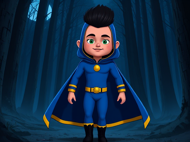 Cartoon scene: A preteen 12-year old boy with light skin and freckles on his cheeks named Kyle Lipton, but transformed into a superhero named Dr. Dimensionpants, who, despite still being a kid, has an extremely muscular body. He wears a tight blue hood outlined by a yellow line that covers the back half of his head and leaves his ears exposed, with a smooth, slicked back black mohawk on top. He also wears a sleek blue bodysuit outlined with yellow lines on the cuffs of the sleeves and pants, a golden belt with a circular buckle, black boots, and a really big, heel-length long, ultra-wide blue cape with a really big collar outlined with yellow lines wreathed around his neck held up by a golden button. The pupils in his eyes are green, and he has a long black twin moustache. He also has incredible, invincible, and cosmic superpowers flowing through his veins. He is currently walking through a dark, foggy forest, searching for a lost citizen to rescue as he keeps his guard up for anything that could attack him at any moment,