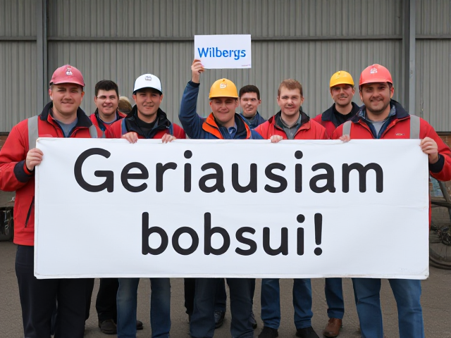 image in which group of workers are holdings big sign in which is writen this text: Geriausiam bosui! Few worker in back are holding smaller sign with blue text: Wilbergs.