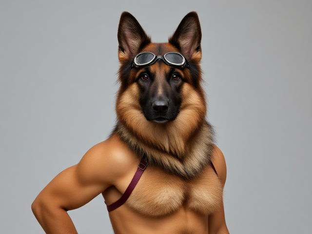 Anthropomorphic German shepherd with long hair, athletic build, wearing a sleek swimsuit and goggles, posing confidently