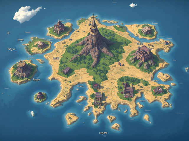 A flat fantasy map of a lot of big and small islands with fantasy writing names that you can’t even read and kingdoms, anime