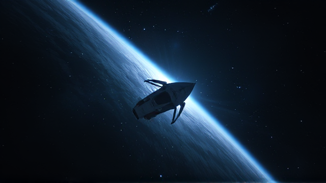 In Deep Space. A spaceship flies through space.