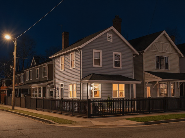 A grey bed and breakfast in a small suburb town with older duplex houses next to it at night on a side street on a small suburban town