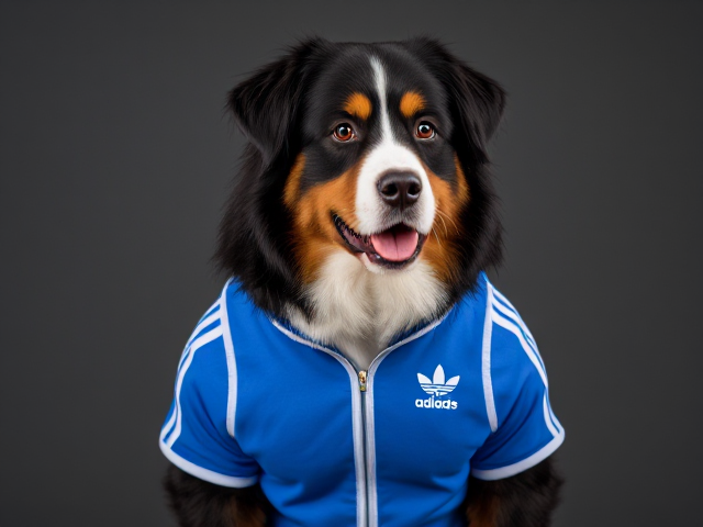 A anthropomorphic Bernese mountain dog wearing an adidas swimsuit