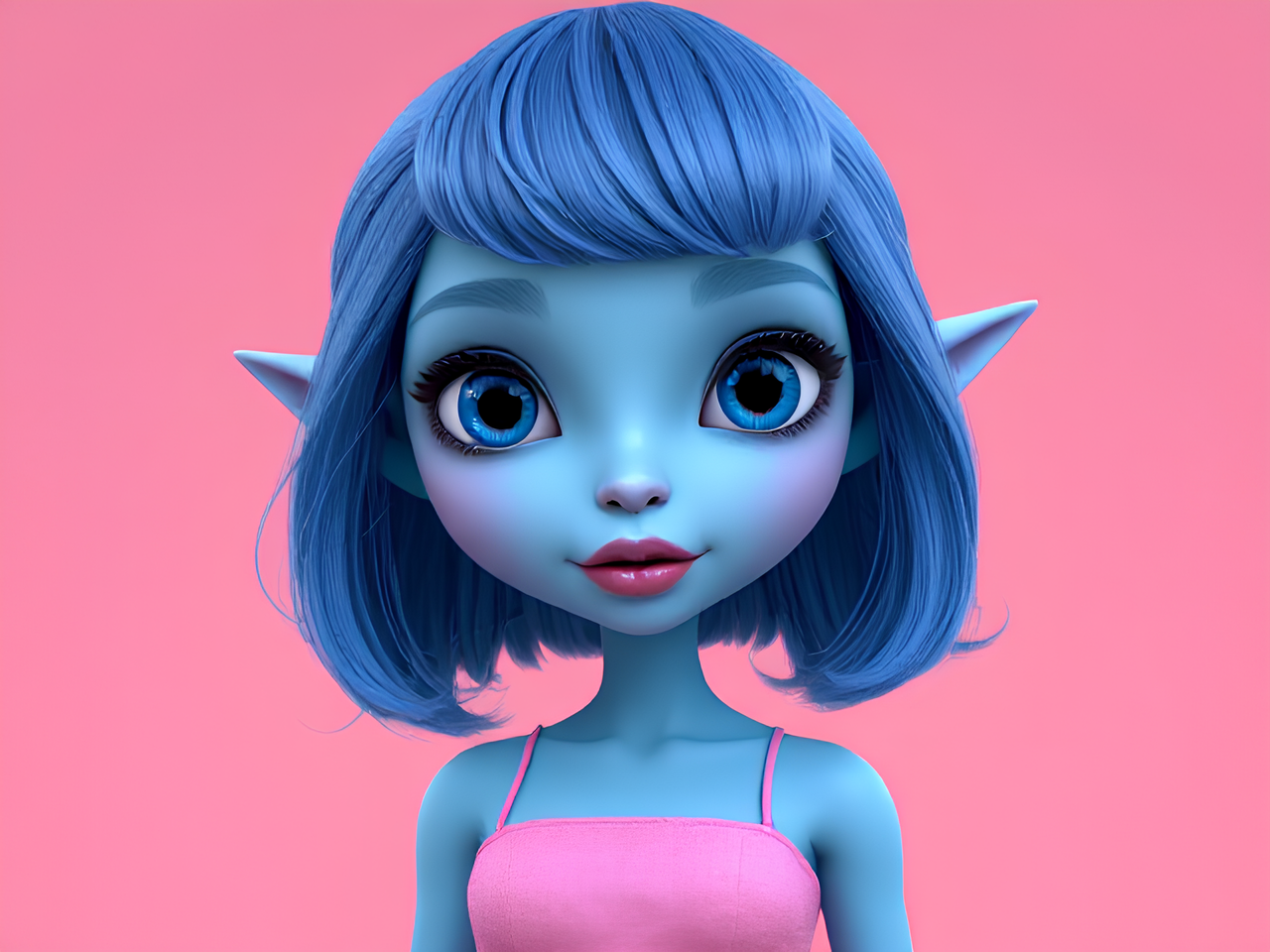 Create blue skin alien woman with blue hair  and wearing a pink dress realistic.