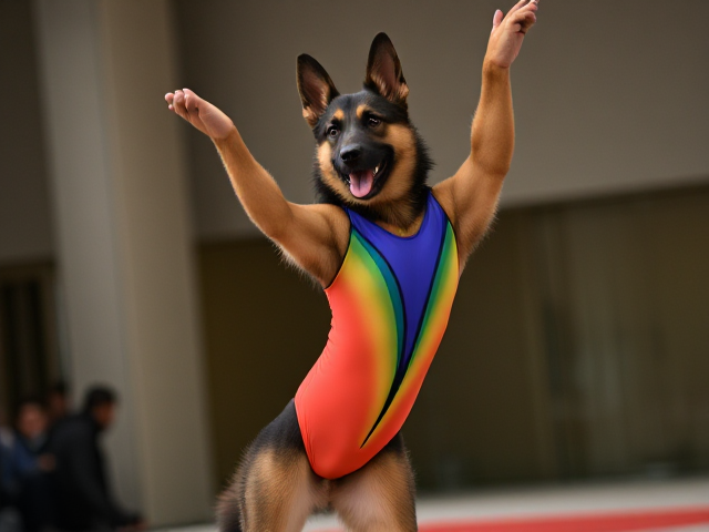 Gymnastics pose by a German shepherd wearing a colorful leotard, dynamic action, indoor setting, sharp focus, high detail