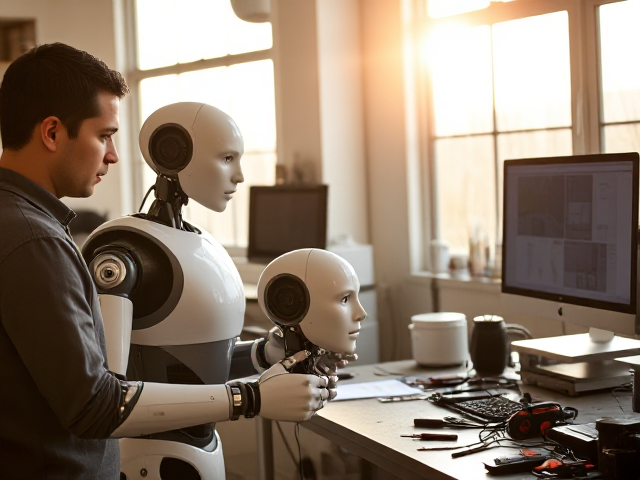 Ultra-realistic scene of a humanoid robot standing in a bright, modern workshop that looks like a mix between a home garage and a small tech lab. The robot is learning from a human engineer — the engineer is showing it how to assemble a smaller robot head on a workbench filled with realistic tools, wires, and parts. In the background, another monitor shows technical diagrams. Warm morning sunlight streams in through large windows, casting natural shadows. The robot’s face is expressive but subtle, with lifelike synthetic skin over mechanical features. Depth of field focuses on the interaction between human and robot, with everything else softly blurred for cinematic effect. The style is natural, documentary photography with high detail and vibrant, true-to-life colors.