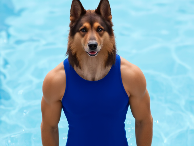 A anthropomorphic long haired German shepherd Olympic swimmer with a long torso wearing a blue Nike one piece swimsuit