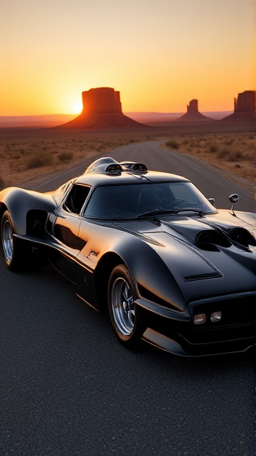 A bold and aggressive 1964's inspired Batmobile blending American muscle car heritage with futuristic elements. Wide stance, flared wheel arches, and a massive V8 engine with chrome details. The body is painted in metallic black with white racing stripes, paying homage to classic American cars. Background is a desert road with Monument Valley in the distance under a golden sunrise. Photorealistic rendering, 16K resolution., photo, cinematic, illustration