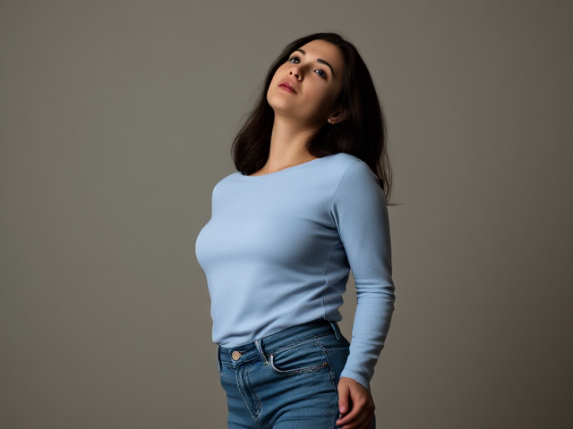 Brunette actress with dark brown hair wearing a light blue long sleeve top and  blue jeans on her knees. She is looking up at some man and she is desperately pleading for herself . Her hands are behind her back unable to move