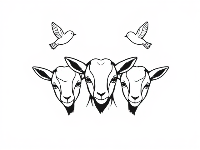 Draw a logo with three baby goats' faces and three honeyeater birds flying around them using a single line to draw