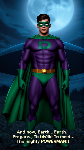 Dramatic Comic Book scene: A young, Autistic 25-year old boy with light skin and flat, smooth, and slick brown hair with a singular curled bang in the shape of a P sticking out at the front named T.J. Granger, but transformed into a genetically-altered superhero named Powerman, who, despite still being a young adult kid, has an extremely muscular body. He wears a sleek purple bodysuit with a green P symbol on his chest, a golden belt with a circular buckle, green briefs, green boots, green long-cuffed gloves, a really big, toe-length long, ultra-wide green cape wreathed around his neck, and a green eye mask that protects his true identity and also causes his pupils to magically disappear as his eyes glow an eerie white. He also has incredible and invincible superpowers flowing through his veins. In this scene, Powerman is currently standing in front of a crashed alien mothership on the outskirts of a farm at night, ready for action as he prepares to take flight for the first time and fulfill his destiny. The subtitles at the bottom have Powerman say, "And now, Earth... Prepare to meet... The mighty POWERMAN!!"