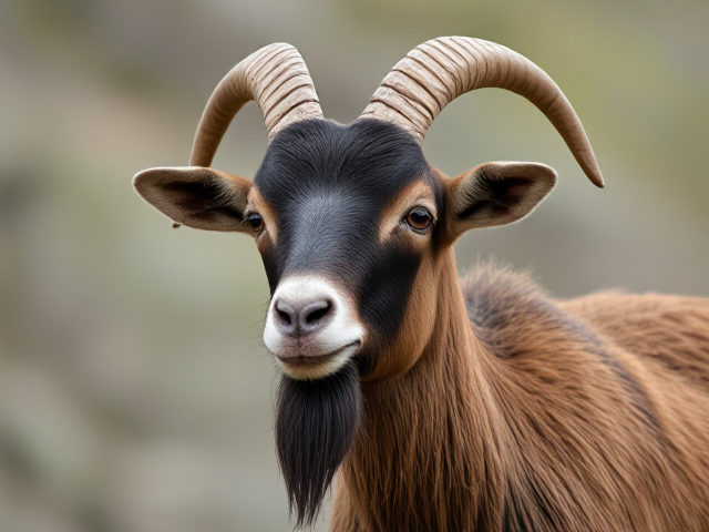 Create an image of a short and stocky billygoat without horns and a long beard.