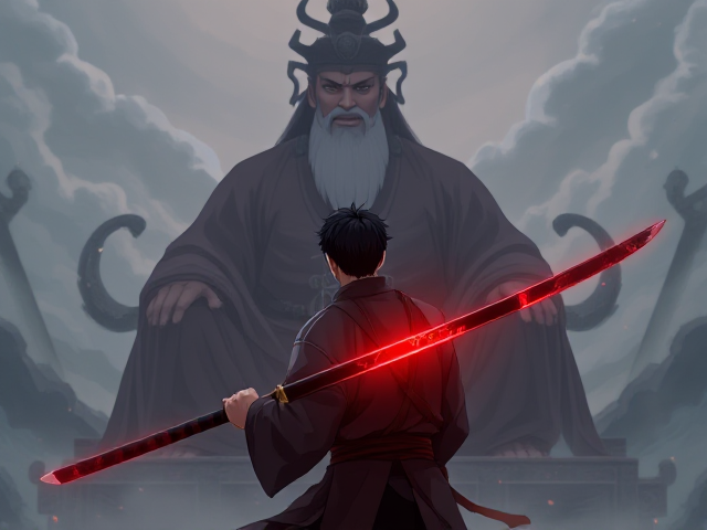 A man with short black hair, wielding a magical glowing red and black Chinese-style straight katana in his right hand down, wearing traditional Chinese mythology clothing. He is facing away, staring at the enormous figure of Shangdi, the god of all gods, who is sitting cross-legged in front of him. The scene is depicted in an anime style