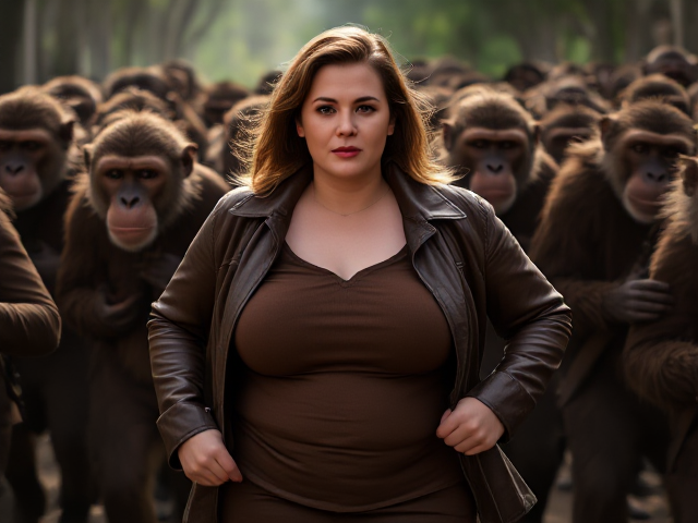 Fat woman in brown leather leading army of monkey's