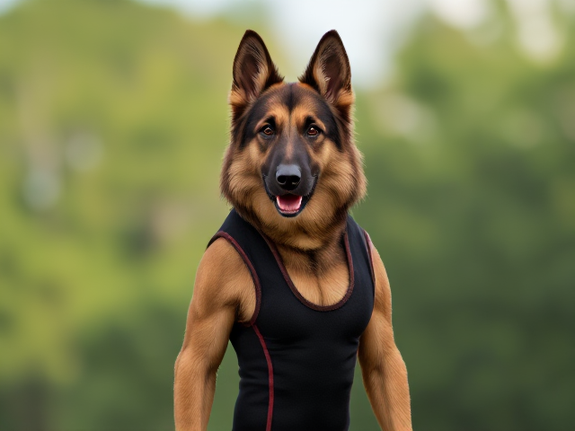 A lean and muscular anthropomorphic long-haired German shepherd wearing a gymnastics leotard