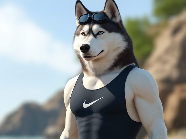 A tall anthropomorphic Siberian husky with a long torso and broad shoulders wearing a high cut Nike one piece swimsuit and Freediving goggles