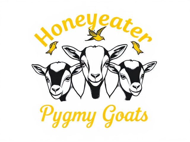 Draw a logo with three baby goats' faces and three honeyeater birds flying around them with the word "Honeyeater" above the goats and "Pygmy Goats" below the goats. Text is arched and cursive. All text is yellow with black outline.