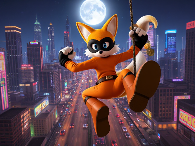 Miles "Tails" Prower, the two-tailed anthropomorphic fox, dynamically swinging on a rope in a massive neon-lit cityscape at night under a full moon. Tails grips an intricately designed cane with a gold hook at the tip in one hand and a bag of cash spilling coins from the other. He is wearing a sleek black domino thief mask to hide his identity , an orange long-sleeved shirt adorned with subtle patterns, matching high-tech orange boots, and a brown leather belt featuring his iconic logo as the belt buckle and no pants. Down on the streets below are numerous cop cars trying to chase and capture Tails. The background showcases towering skyscrapers and bustling streets filled with vibrant activity below