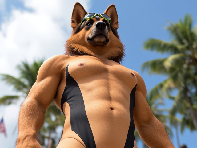 A tall anthropomorphic long-haired German shepherd with a long torso and broad shoulders wearing a one-piece swimsuit and swimming goggles