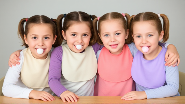 Quatre filles adolescentes assis a table elles ont les cheveux de différentes couleurs lisses et dégage à l’avant  elles ont des grands bavoir simple  de différentes couleurs et des tétine en bouche elles ont des tee-shirt manche longue et se font un gros câlins
