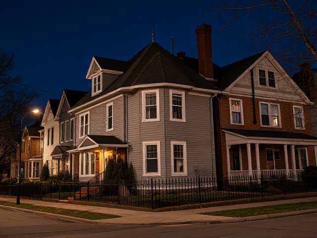 A grey big house in a small suburb town with older rowhomes next to it at night on a side street on a small suburban town