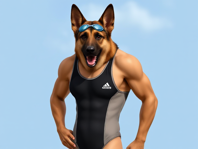 A tall and lean anthropomorphic German shepherd with a long torso and broad shoulders wearing a Adidas one piece swimsuit and swimming goggles