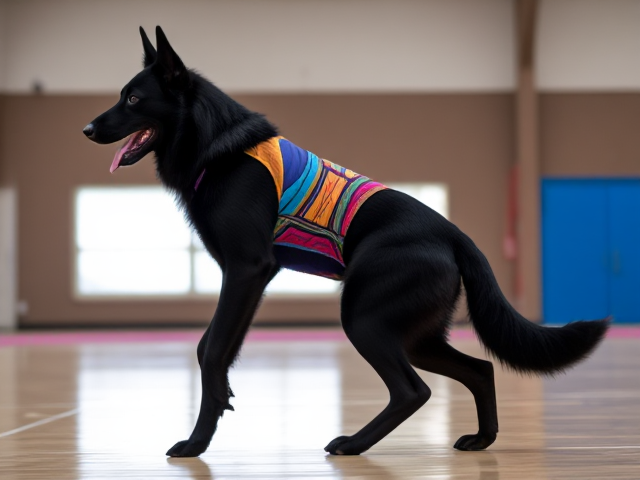 Anthropomorphic black German shepherd with strong hips, wearing a colorful gymnastics leotard, performing in a gymnasium setting, dynamic pose