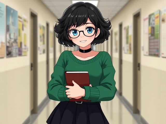Anime girl have short curly black hair with blue eyes. She haves many freckles on her cheeks and she got braces on her teeth. She wears rounded glasses, she wears green sweater, a black choker, a black skirt with leggings and black shoes. She have a curvy body and curvy legs. Shes a nerd but very beautiful and shy. She holds book in her arms.

Backround: School hallway