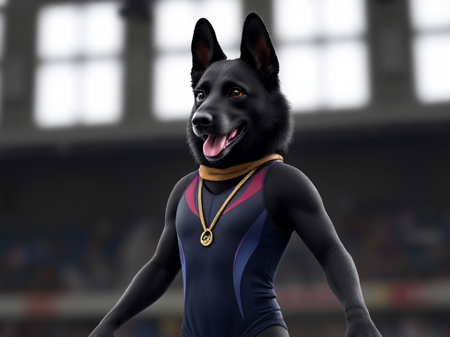 A anthropomorphic black German shepherd Olympic gymnast wearing a leotard