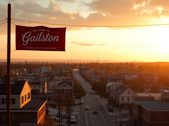 A small suburban town with a red banner with welcome to Gailston south Carolina home of the vampires written on it in white, and a minor league baseball stadium