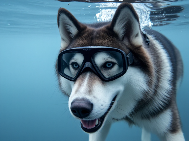 An Alaskan malamute wearing Freediving goggles underwater