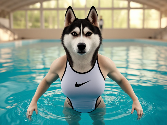 A tall anthropomorphic Siberian husky with a long torso and broad shoulders, wearing a high cut Nike one piece swimsuit while swimming in a Olympic sized pool
