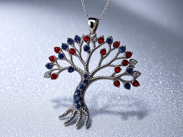 tree pendant necklace, intricately crafted with exquisite detail, shimmering silver surface, the trunk and branches are made from rare red painite and deep blue sapphires, creating a striking pattern like a candy cane, dazzling rose gold diamonds elegantly set as leaves glistening in light, sophisticated and luxurious design, soft ambient lighting highlighting every aspect of craftsmanship, macro focus capturing every facet and sparkle in high resolution, elegant branches extending gracefully from the trunk with meticulous precision