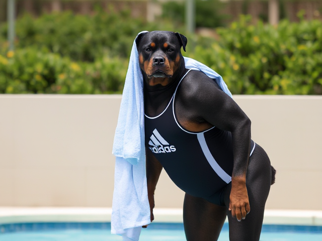 A tall anthropomorphic Rottweiler wearing an adidas swimsuit drying off with a towel