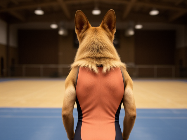 A anthropomorphic German shepherd with blonde hair wearing a gymnastics leotard in a gymnasium