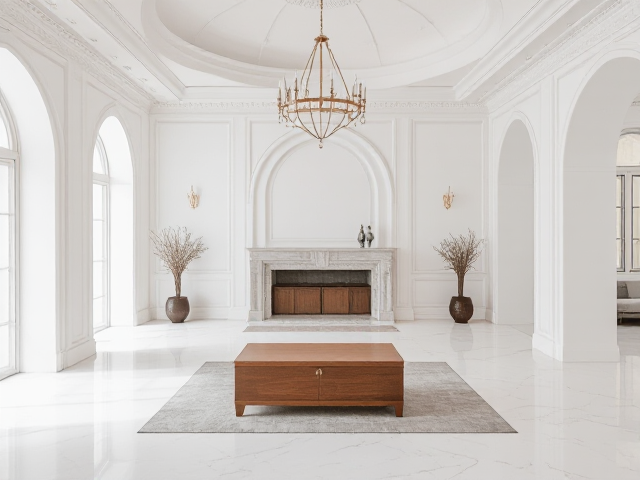 une photo avec juste un coffre en bois au milieu de la pièce d'un salon blanc vide juste des moulures au murs et au plafond le sol est du marbre blanc  dans un style osmanien