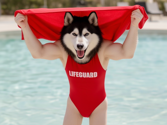 A anthropomorphic alaskan malamute  wearing a red lifeguard one piece swimsuit drying off with a towel