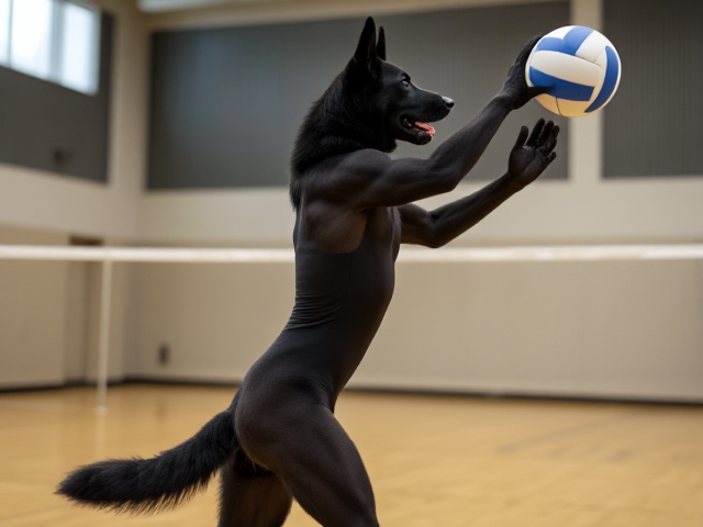 Anthropomorphic black German shepherd playing volleyball, wearing a leotard, gymnasium setting, focus on athletic build and dynamic pose