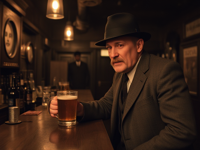 Realistic 1913 photo of a 55 year old, skinny German man, moustache, bowler derby hat, wearing suit, standing at the end of a dark wood bar drinking a mug of beer in an old darkened saloon at night.